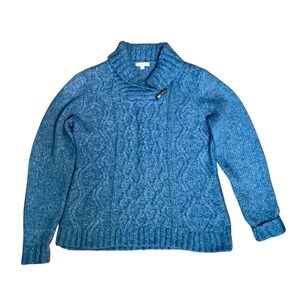 Orvis Womens Blue Cable Knit Shawl Collar Toggle Pullover Sweater Heritage SzL